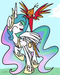 Size: 1253x1583 | Tagged: safe, artist:cuttycommando, philomena, princess celestia, alicorn, phoenix, pony, female