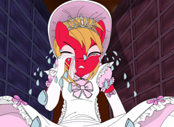 Size: 3000x2194 | Tagged: safe, artist:avchonline, big macintosh, anthro, earth pony, alice in wonderland, bonnet, clothes, crossdressing, crying, disney, dress, evening gloves, girly, gloves, handkerchief, jewelry, long gloves, macro, male, pinafore, rabbit hole, stallion, tiara, tissue