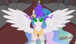 Size: 1491x865 | Tagged: safe, screencap, princess celestia, alicorn, pony, the crystal empire, dark magic, hub logo, magic, sombra eyes, spread wings, wings, youtube caption, youtube link