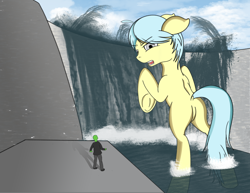 Size: 1584x1224 | Tagged: safe, artist:scribblessketch, oc, oc only, oc:anon, oc:ultramare, pony, collaboration, bathing, clothes, dam, giant pony, macro, open mouth, outdoors, pants, plot, underhoof, water, waterfall
