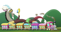 Size: 7022x3768 | Tagged: safe, artist:frogem, derpy hooves, discord, trixie, draconequus, pegasus, pony, unicorn, absurd resolution, cage, friendship express, macro, simple background, train, transparent background