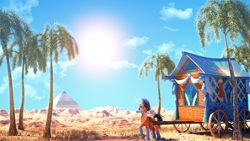 Size: 3840x2160 | Tagged: safe, artist:virileth, derpibooru import, hoo'far, pony, 3d, cloud, desert, hoo'far's wagon, male, pyramid, scenery, scenery porn, sky, solo, stallion, sun, tree