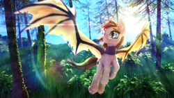 Size: 3840x2160 | Tagged: safe, artist:virileth, derpibooru import, oc, oc only, oc:silver veil, bat pony, pony, 3d, crepuscular rays, female, flying, forest, lens flare, mare, solo, tree