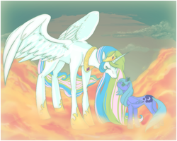 Size: 900x720 | Tagged: dead source, safe, artist:akatsuki-xiii, princess celestia, princess luna, alicorn, pony, cloud, cloudy, crown, duo, ethereal mane, eyes closed, female, hoof shoes, jewelry, mare, peytral, regalia, royal sisters, s1 luna, siblings, sisters, size difference
