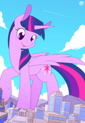Size: 1650x2400 | Tagged: safe, artist:skyheavens, twilight sparkle, twilight sparkle (alicorn), alicorn, pony, city, commission, cutie mark, female, giant pony, looking down, macro, mare, open mouth, raised hoof, solo, story included, wings