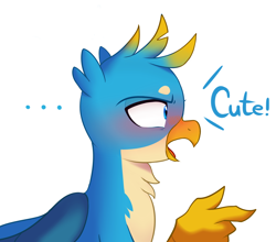 Size: 2400x2110 | Tagged: safe, artist:maren, derpibooru import, gallus, griffon, ..., beak, blush lines, blushing, cute, dialogue, gallabetes, looking at something, male, open beak, open mouth, pointing, profile, shrunken pupils, side view, simple background, solo, white background