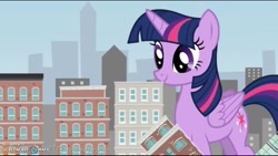 Size: 1280x720 | Tagged: safe, twilight sparkle, twilight sparkle (alicorn), alicorn, pony, building, cute, destruction, giant pony, goanimate, macro, solo, this will end in grounding, twiabetes, wat