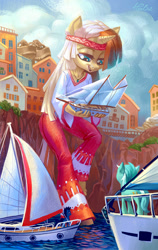 Size: 1417x2244 | Tagged: safe, artist:holivi, lyra heartstrings, oc, oc:golden age, anthro, plantigrade anthro, unicorn, boat, city, clothes, commission, female, giantess, macro, ocean, signature, smiling, solo focus, water