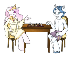 Size: 1000x813 | Tagged: safe, artist:burningash, fancypants, princess celestia, anthro, bare chest, boxers, chess, clothes, fancestia, female, male, shipping, straight, strip chess, topless, underwear