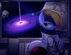 Size: 3071x2400 | Tagged: safe, artist:maren, derpibooru import, oc, oc only, pony, astronaut, clothes, commission, earth, hair over one eye, quasar, solo, space, spacesuit, window