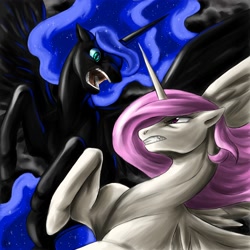 Size: 2000x2000 | Tagged: safe, artist:valkyrie-girl, nightmare moon, princess celestia, alicorn, pony, duo, fight