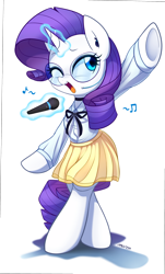 Size: 2560x4237 | Tagged: safe, artist:maren, derpibooru import, rarity, pony, semi-anthro, unicorn, bipedal, clothes, cute, female, glasses, glowing horn, headset, horn, idol, levitation, magic, mare, microphone, moe, music notes, one eye closed, open mouth, raribetes, shirt, simple background, singing, skirt, solo, standing, telekinesis, underhoof, white background, wink