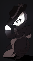 Size: 1572x2900 | Tagged: safe, artist:maren, derpibooru import, rarity, pony, unicorn, clothes, detective, detective rarity, female, mare, monochrome, noir, solo, trenchcoat