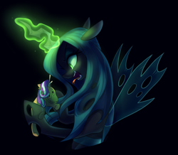 Size: 2818x2453 | Tagged: safe, artist:maren, derpibooru import, queen chrysalis, starlight glimmer, changeling, changeling queen, pony, unicorn, frenemies (episode), black background, crown, doll, female, forked tongue, glowing horn, hissing, horn, jewelry, magic, open mouth, profile, regalia, simple background, solo, tongue out, toy