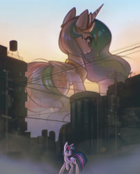 Size: 1447x1802 | Tagged: safe, artist:mirroredsea, princess celestia, twilight sparkle, unicorn twilight, alicorn, pony, unicorn, building, city, female, giant pony, giantlestia, macro, mare