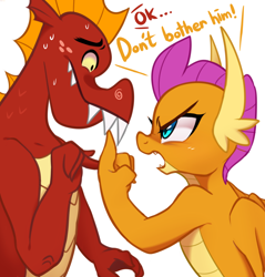 Size: 2220x2319 | Tagged: safe, artist:maren, derpibooru import, garble, smolder, dragon, sweet and smoky, angry, brother and sister, cute, dialogue, duo, fangs, female, high res, looking at each other, mad, male, open mouth, pointing, profile, siblings, simple background, smolderbetes, sweat, text, white background, yelling