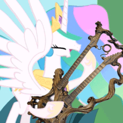 Size: 290x290 | Tagged: safe, princess celestia, alicorn, pony, animated, bow down before your rock goddess and she will rock you, female, guitar, horn, mare, multicolored mane, solo, white coat