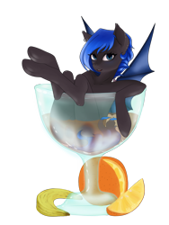 Size: 1536x2048 | Tagged: safe, alternate version, artist:evlass, oc, oc:acelina, bat pony, pony, alcohol, banana, bat pony oc, cup, cup of pony, cute, ear fluff, ear piercing, food, glass, looking at you, martini, micro, orange, piercing, simple background, smiling, solo, spread wings, transparent background, wings