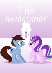 Size: 1102x1559 | Tagged: safe, artist:culu-bluebeaver, starlight glimmer, oc, oc:bluehooves, earth pony, pony, unicorn, comic:the newcomer, comic cover, equal cutie mark, equal town, female, glasses, glimmooves, house, male, mare, s5 starlight, simple background, smiling, stallion, sweat