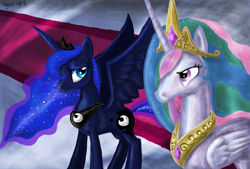 Size: 1586x1072 | Tagged: safe, artist:wafflecannon, princess celestia, princess luna, alicorn, pony, crown, female, horn, mare, siblings, sisters