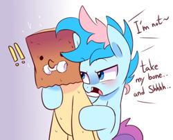 Size: 2400x1943 | Tagged: safe, artist:maren, artist:paperbagpony, color edit, derpibooru import, edit, oc, oc:blue chewings, oc:paper bag, pony, collaboration, bone, colored, dialogue, paper bag, sweat