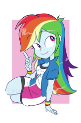 Size: 1064x1624 | Tagged: safe, artist:drawbauchery, rainbow dash, human, equestria girls, abstract background, clothes, cute, dashabetes, female, sitting, smiling, solo