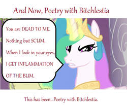 Size: 640x530 | Tagged: safe, princess celestia, alicorn, pony, bitchlestia, colin mochrie, image macro, poetry, text, whose line is it anyway