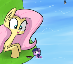 Size: 1593x1413 | Tagged: safe, artist:artiks, fluttershy, twilight sparkle, oc, oc:mrducknosa, duck, duck pony, pegasus, pony, cute, eyes on the prize, female, food, happy, mare, micro, missing horn, open mouth, size difference, smiling, species swap, twiabetes, water, wide eyes