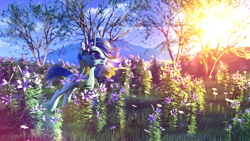 Size: 3840x2160 | Tagged: safe, artist:virileth, derpibooru import, oc, oc:lily pond, pony, unicorn, 3d, blender, female, flower, mare, solo, sun