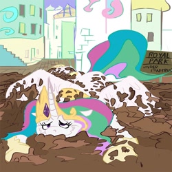 Size: 900x900 | Tagged: safe, artist:chiapetofdoom, princess celestia, alicorn, pony, happy, mud, solo