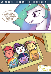 Size: 650x942 | Tagged: safe, artist:johnjoseco, applejack, fluttershy, pinkie pie, princess celestia, rainbow dash, rarity, twilight sparkle, alicorn, earth pony, pegasus, pony, unicorn, ask, ask princess molestia, candy, chinese food, chubbie, comic, food, imminent vore, macaron, mane six, princess molestia, tumblr