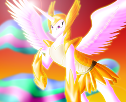 Size: 1024x831 | Tagged: safe, artist:saziskylion, princess celestia, alicorn, pony, armor, female, horn, mare, multicolored mane, solo, white coat