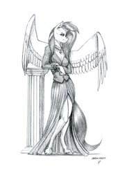 Size: 1000x1363 | Tagged: safe, artist:baron engel, fluttershy, anthro, unguligrade anthro, fake it 'til you make it, clothes, dress, fluttergoth, goth, grayscale, monochrome, signature, simple background, traditional art, white background