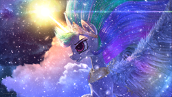 Size: 3840x2160 | Tagged: safe, artist:virileth, derpibooru import, princess celestia, alicorn, pony, the crystalling, 3d, cloud, glowing horn, horn, scene interpretation, signature, snow, solo, spread wings, wings