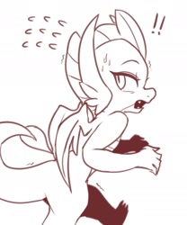 Size: 1777x2136 | Tagged: safe, artist:maren, derpibooru import, smolder, dragon, dragoness, exclamation point, female, looking back, monochrome, simple background, solo, surprised, sweat, sweatdrop, white background