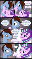 Size: 1240x2283 | Tagged: safe, artist:culu-bluebeaver, starlight glimmer, oc, oc:bluehooves, earth pony, pony, unicorn, comic:the newcomer, the cutie map, aftersex, bed, bedroom eyes, blushing, canon x oc, comic, compliment, dialogue, eyes closed, female, female pov, glimmooves, glowing horn, grin, horn, kissing, lidded eyes, looking at each other, magic, male, mare, messy mane, nervous, nervous grin, offscreen character, pillow, pov, s5 starlight, show accurate, smiling, smirk, stallion, straight, sweat, thought bubble