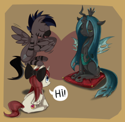 Size: 2350x2300 | Tagged: safe, artist:maren, derpibooru import, queen chrysalis, oc, changeling, changeling queen, bow, solo