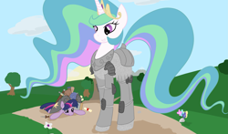 Size: 3075x1805 | Tagged: safe, artist:fribox, princess celestia, twilight sparkle, alicorn, pony, unicorn, armor, duo, duo female, female, horn, mare