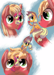 Size: 3200x4400 | Tagged: safe, artist:hananpacha, apple bloom, applejack, big macintosh, earth pony, pony, apple siblings, cute, female, giant pony, macro, smiling