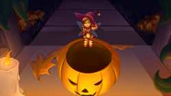 Size: 2160x1214 | Tagged: safe, artist:sugaryviolet, oc, oc only, oc:beeatrice, human, candle, fairy, halloween, halloween 2018, hat, holiday, humanized, humanized oc, micro, pumpkin, witch hat