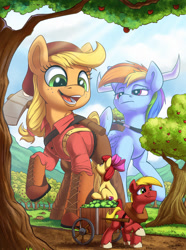 Size: 1500x2016 | Tagged: safe, artist:tsitra360, apple bloom, applejack, big macintosh, rainbow dash, earth pony, pegasus, pony, apple, apple cart, apple orchard, apple tree, axe, babe the blue ox, belt, big-apple-pony, boots, bow, cart, clothes, crossover, female, filly, folklore, food, freckles, giant pony, hair bow, hair tie, harness, hat, hoof boots, horn, looking down, looking up, lumberjack, macro, male, mare, mega applejack, multisize, open mouth, pants, paul bunyan, ponytail, raised hoof, shirt, shoes, sitting, smiling, spread wings, stallion, standing, suspenders, sweet apple acres, tack, three quarter view, tree, weapon, wings, yoke