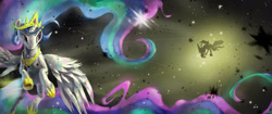 Size: 1024x429 | Tagged: safe, artist:ruffu, discord, princess celestia, alicorn, pony, female, horn, mare, multicolored mane, solo, space, white coat