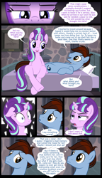 Size: 1122x1954 | Tagged: safe, artist:culu-bluebeaver, starlight glimmer, oc, oc:bluehooves, earth pony, pony, unicorn, comic:the newcomer, the cutie map, aftersex, angry, bed, bedroom, bedroom eyes, canon x oc, comic, dialogue, female, floppy ears, glimmooves, lidded eyes, looking at each other, looking away, male, mare, pillow, s5 starlight, smiling, speech bubble, stallion, straight, thought bubble, upset