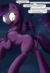 Size: 1920x2816 | Tagged: safe, artist:shieltar, part of a series, part of a set, twilight sparkle, unicorn twilight, pony, unicorn, comic:giant twilight, comic, cute, dialogue, female, giant pony, giantess, glowing eyes, macro, mare, plot, pony bigger than a planet, pony bigger than a solar system, pony bigger than a star, signature, solo, space, twiabetes