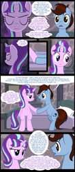 Size: 1122x2544 | Tagged: safe, artist:culu-bluebeaver, starlight glimmer, oc, oc:bluehooves, earth pony, unicorn, comic:the newcomer, the cutie map, bed, bedroom, canon x oc, comic, conflicted, dialogue, eyes closed, female, glimmooves, holding hooves, looking at each other, male, mare, messy mane, s5 starlight, speech bubble, stallion, thought bubble, upset