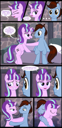 Size: 1260x2587 | Tagged: safe, artist:culu-bluebeaver, starlight glimmer, oc, oc:bluehooves, earth pony, pony, unicorn, comic:the newcomer, the cutie map, ..., angry, bed, bedroom, bedroom eyes, blushing, canon x oc, comic, dialogue, earth pony oc, embrace, equal cutie mark, female, glimmooves, hug, lidded eyes, looking at each other, male, mare, pillow, s5 starlight, smiling, stallion