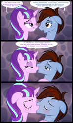 Size: 1063x1778 | Tagged: safe, artist:culu-bluebeaver, starlight glimmer, oc, oc:bluehooves, earth pony, pony, unicorn, comic:the newcomer, the cutie map, bedroom eyes, blushing, canon x oc, comic, dialogue, eyes closed, female, glimmooves, kissing, lidded eyes, looking at each other, male, mare, messy mane, open mouth, passionate, s5 starlight, smiling, stallion, sweat, sweatdrop, tongue out