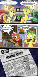 Size: 722x1462 | Tagged: safe, artist:supersheep64, aunt orange, babs seed, princess celestia, uncle orange, alicorn, pony, g4, comic, computer, crystal empire, cutie mark crusaders, economics, equestria daily, newspaper, stock exchange, the oranges, tree sap, tyrant celestia