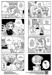 Size: 700x1010 | Tagged: safe, artist:shepherd0821, applejack, pinkie pie, princess celestia, princess luna, rarity, silver spoon, sweetie belle, anthro, 4koma, ambiguous facial structure, applerack, breasts, comic, female, glasses, monochrome, savage