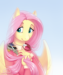 Size: 853x1012 | Tagged: safe, artist:ladychimaera, discord, fluttershy, anthro, draconequus, pegasus, clothes, cute, discoshy, discute, female, male, mare, micro, shipping, shyabetes, sleeping, smiling, straight